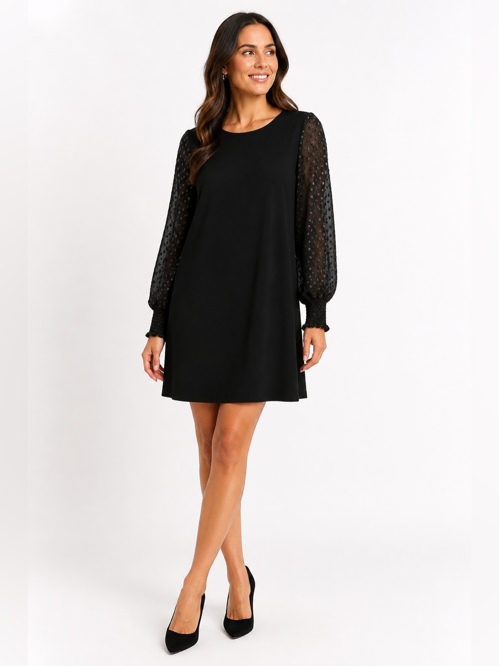 MSK Petite Black Dress PL Sheer Polka Dot Balloon Sleeves Cocktail Party NWOT